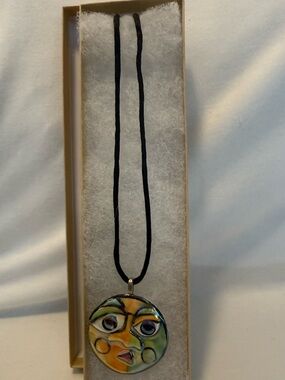Like New (Worn Twice) Handmade + Hand-Painted Ceramic Multicolor Face Necklace